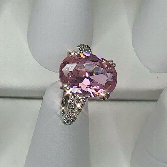 Pink Solitaire Gemstone Ring w/ Clear Accents Silver Plated Engagement size 6 - Picture 8 of 10